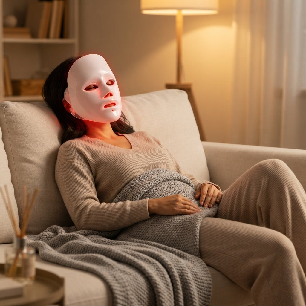 Mujer relajándose en casa con la mascarilla LED LUMIÈRE