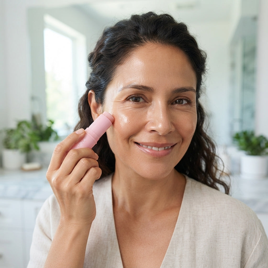 Mujer aplicando el bálsamo GLOW DNA en el pómulo
